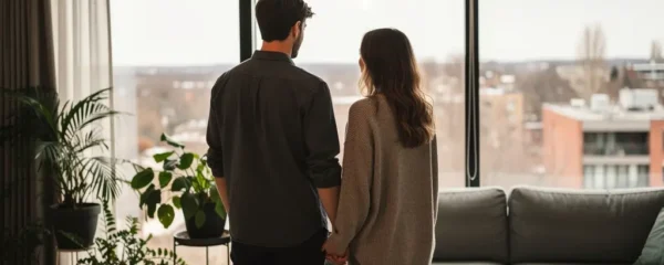 Couple québécois discutant dans leur salon de condo moderne avec vue sur leur environnement de vie