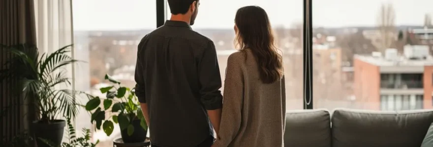 Couple québécois discutant dans leur salon de condo moderne avec vue sur leur environnement de vie