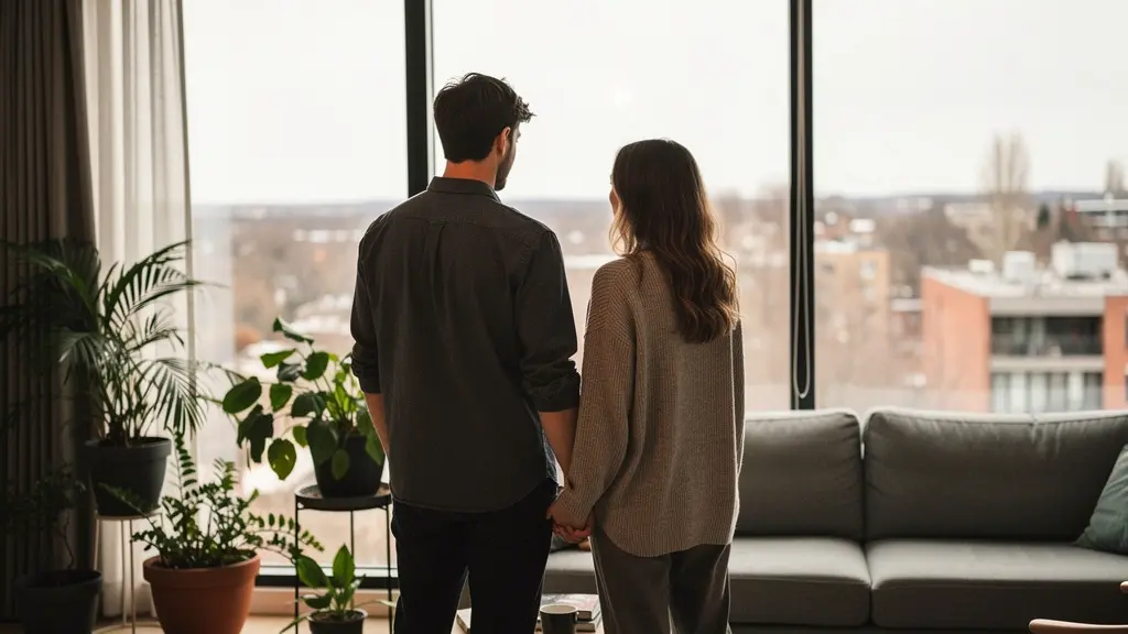 Couple québécois discutant dans leur salon de condo moderne avec vue sur leur environnement de vie