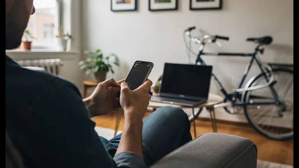Locataire québécois consultant son téléphone dans son salon entouré de ses biens personnels