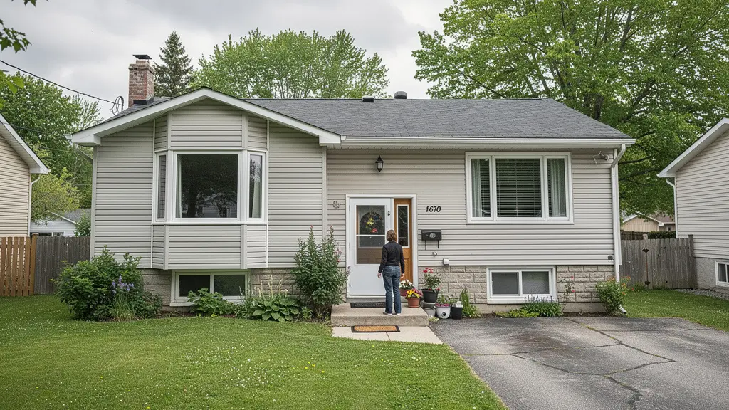 Propriétaire devant sa maison québécoise typique avec entrée et terrain visible