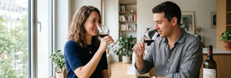 Deux personnes dégustant du vin dans un intérieur lumineux avec des verres élégants sur une table contemporaine