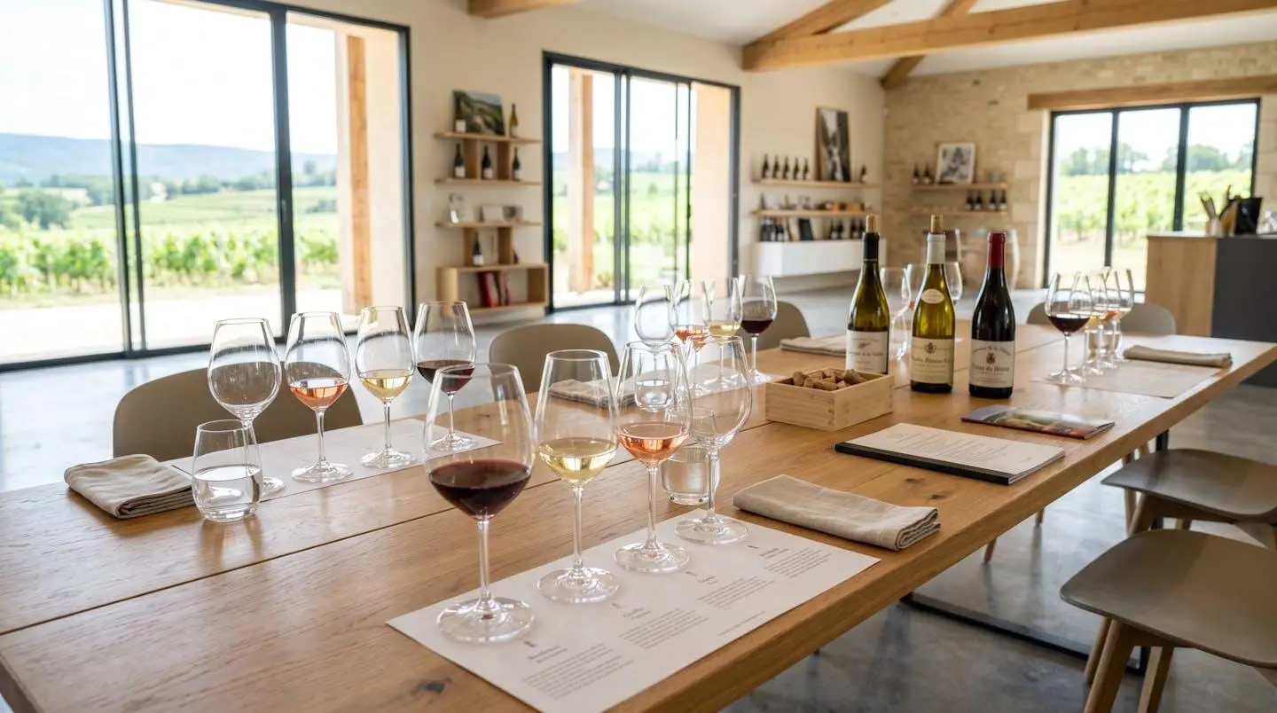 Vue large d'une table de dégustation contemporaine avec plusieurs verres élégants remplis de vins de couleurs différentes, baignée de lumière naturelle