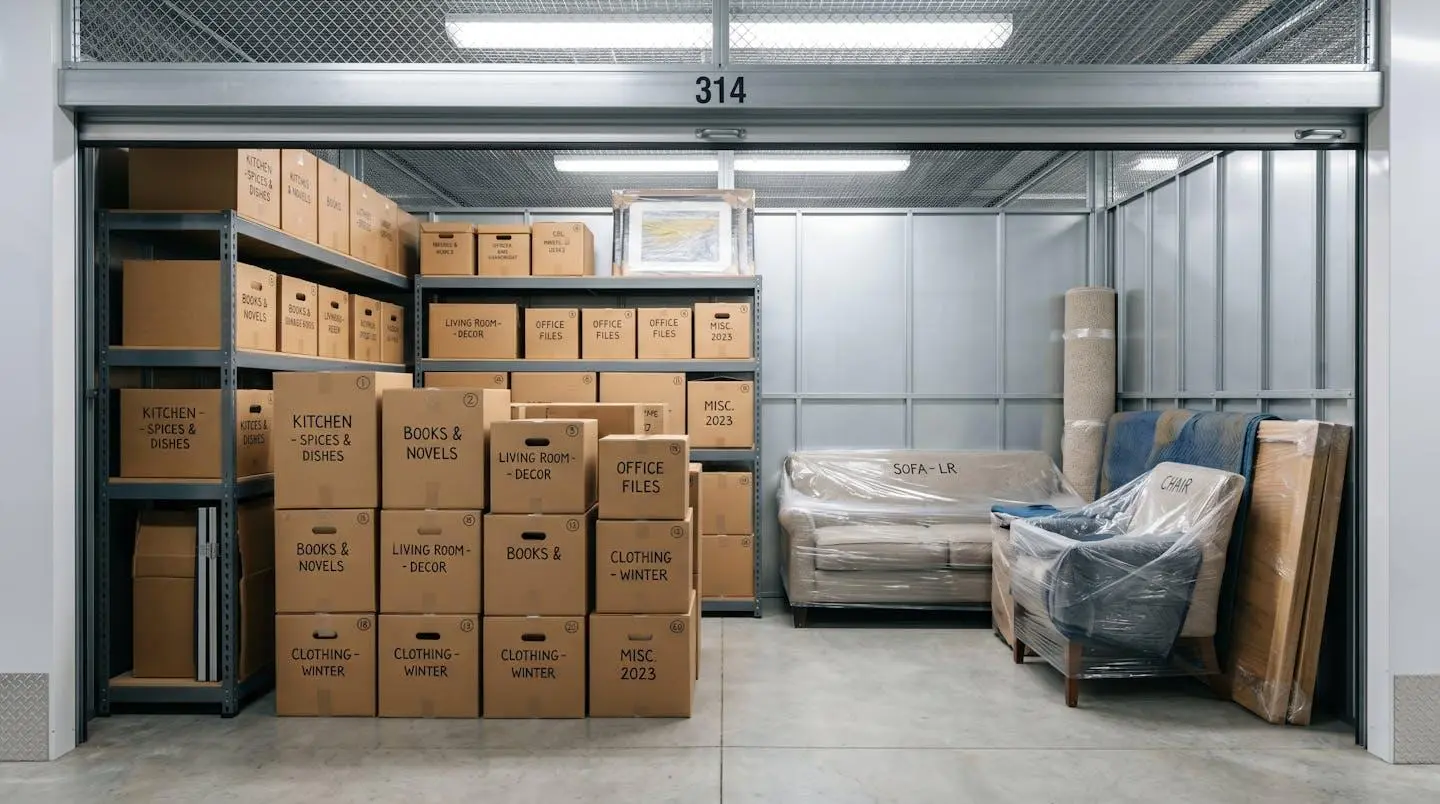 Intérieur d'un box de stockage bien organisé avec étagères, cartons étiquetés et mobilier protégé