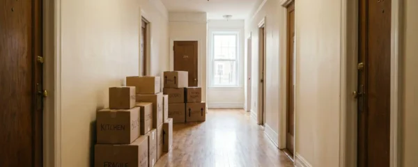 Cartons de déménagement empilés dans un couloir d'appartement vide, lumière naturelle en fond
