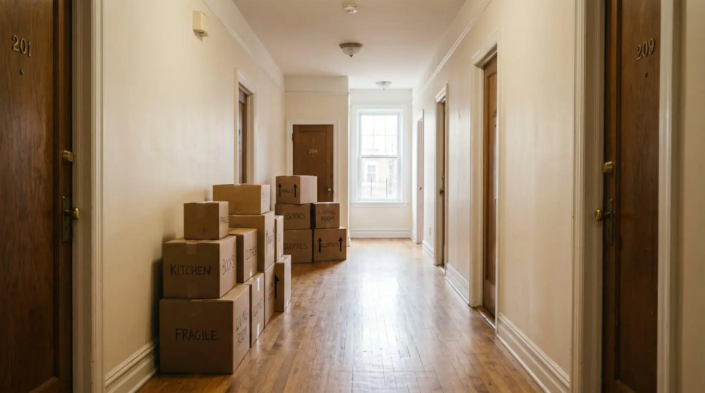 Cartons de déménagement empilés dans un couloir d'appartement vide, lumière naturelle en fond