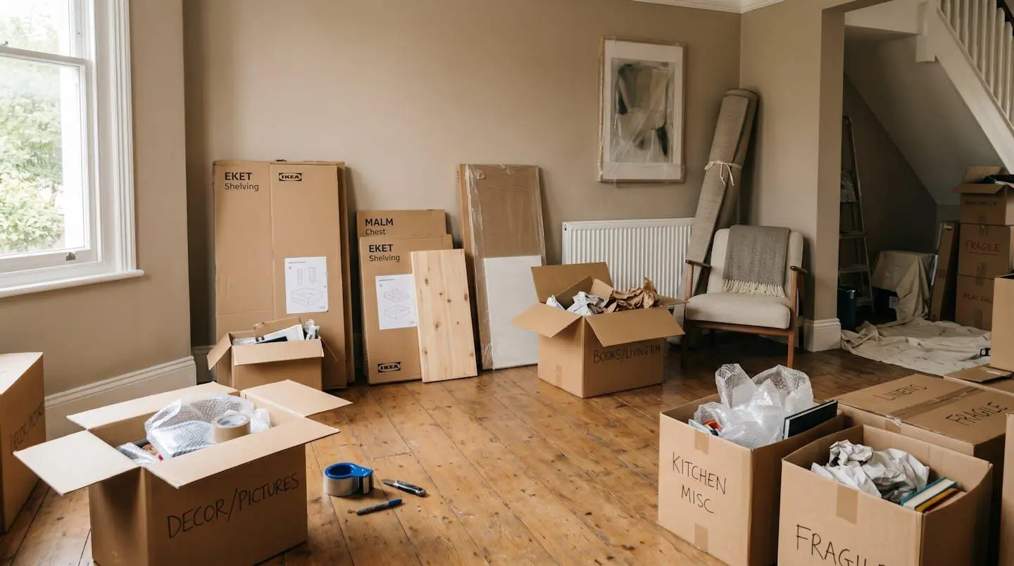 Vue d'ensemble d'un salon en cours de démontage avec meubles séparés et cartons ouverts sur le sol