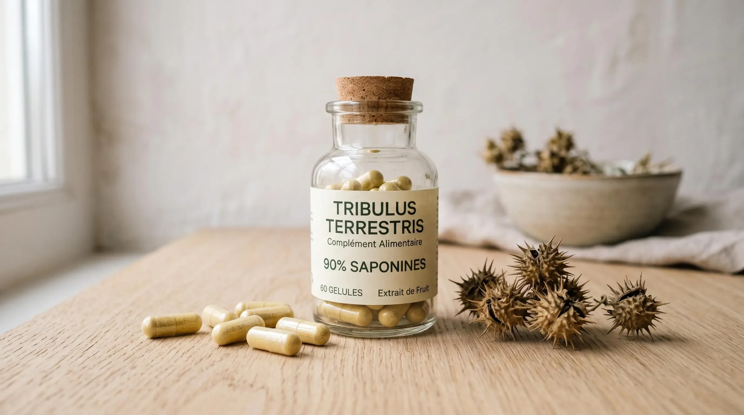 Gélules de complément alimentaire Tribulus terrestris dans un flacon transparent avec étiquette affichant 90% de saponines, accompagnées de fruits secs épineux de la plante sur surface bois clair