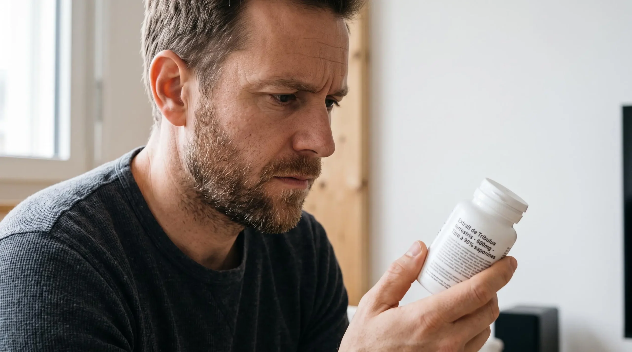Homme adulte examinant attentivement l'étiquette d'un flacon de complément Tribulus terrestris affichant la concentration en saponines de 90%