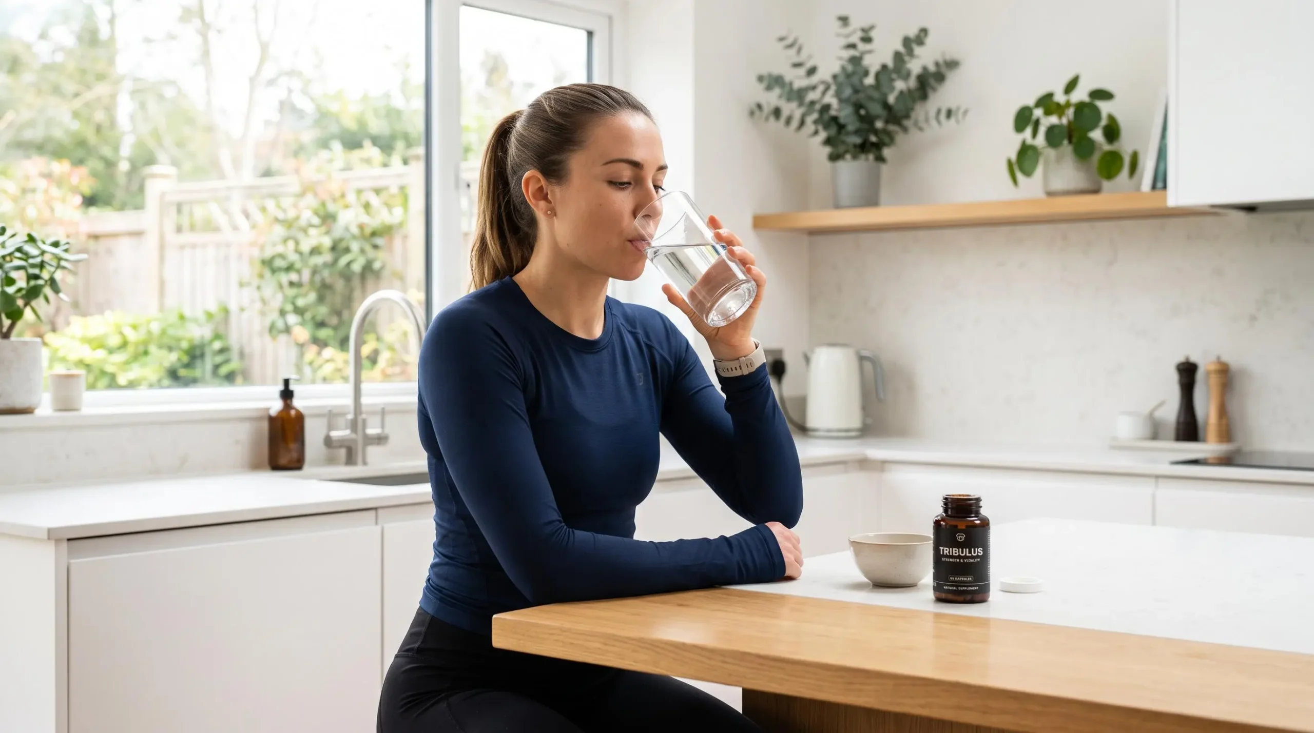 Jeune sportif en tenue d'entraînement prenant une gélule de complément Tribulus terrestris avec un verre d'eau dans une cuisine moderne lumineuse