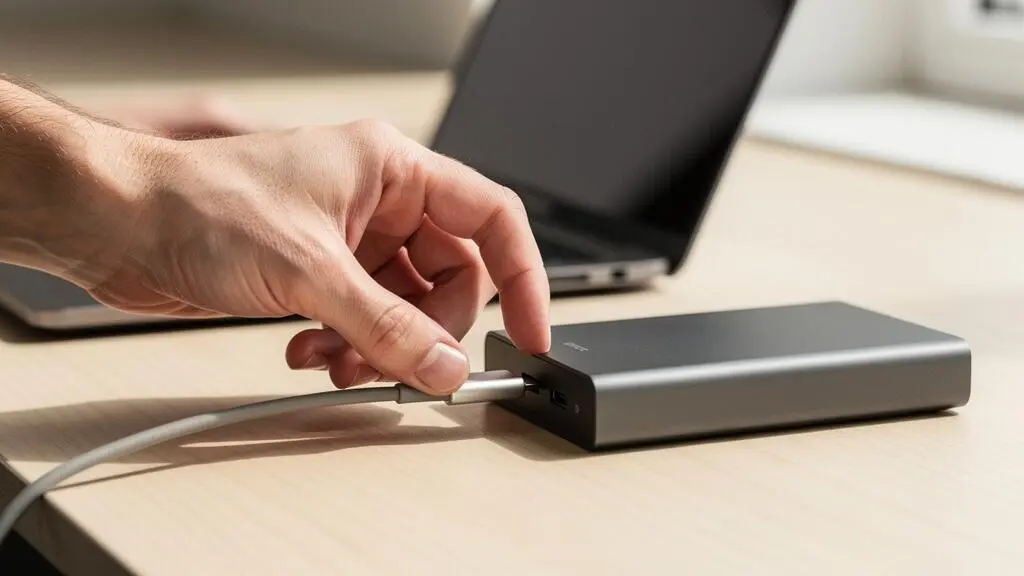 Mains professionnelles connectant avec précaution un câble USB à un disque dur externe sur un bureau en bois dans un environnement de travail lumineux