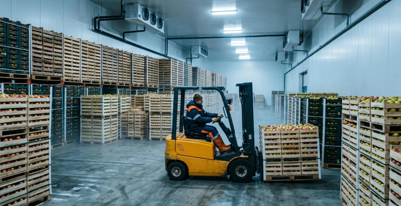 Intérieur d'une chambre froide de station fruitière avec palettes de caisses de fruits stockées et cariste en activité