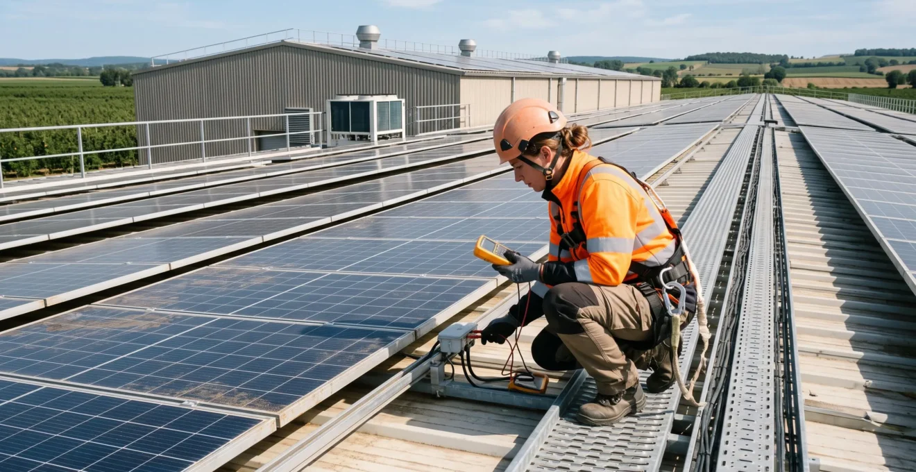 Technicien inspectant une installation photovoltaïque sur le toit d'une station fruitière avec équipement de test