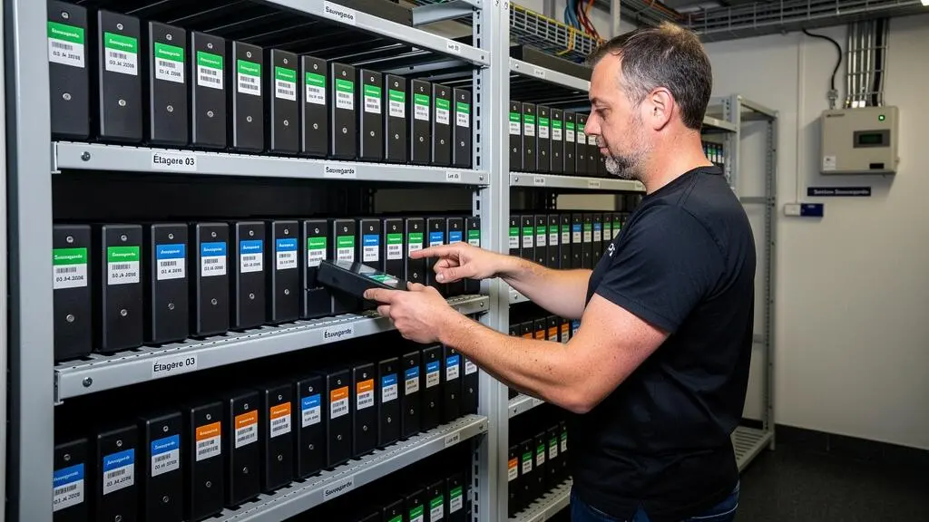 Professionnel IT organisant des disques durs externes étiquetés sur des étagères de stockage dédiées dans une salle technique avec système d'archivage méthodique