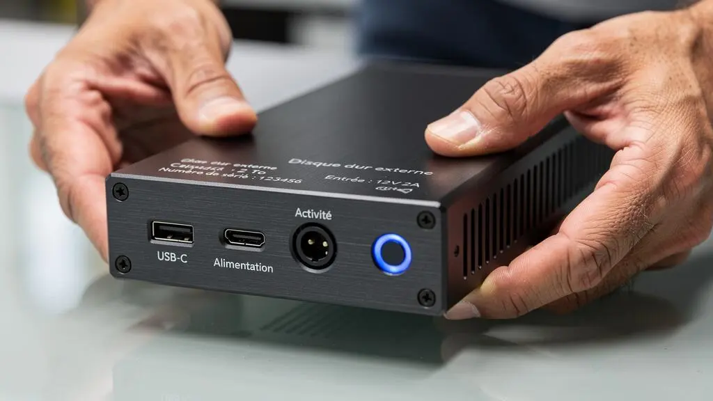 Gros plan sur des mains professionnelles examinant un disque dur externe de qualité montrant les connecteurs USB-C et la construction robuste du boîtier métallique