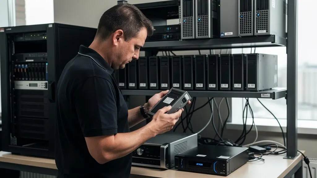 Technicien IT debout inspectant un disque dur externe professionnel dans un espace de stockage technique avec plusieurs unités de sauvegarde visibles