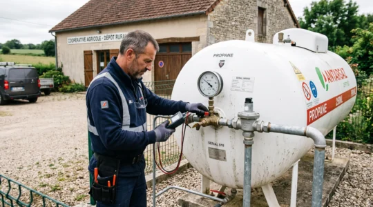 Technicien effectuant l'inspection de sécurité d'une citerne de gaz propane installée à l'extérieur d'un établissement professionnel en zone rurale