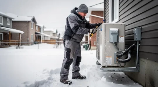 Technicien CVAC installant une thermopompe extérieure sur le mur d'une maison résidentielle québécoise en hiver
